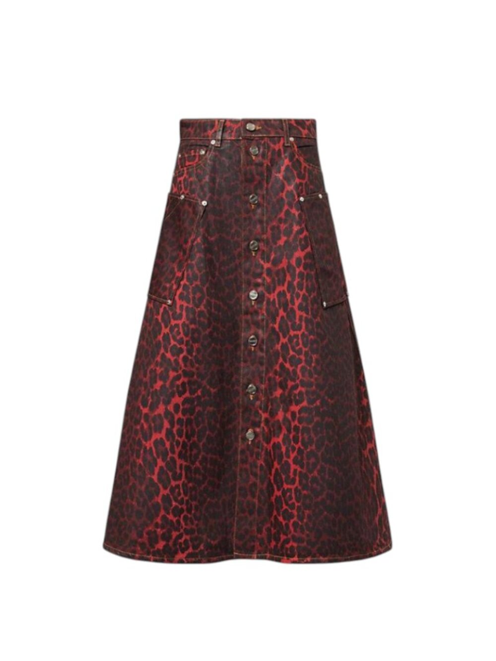 NWOT Ganni Foil Denim Leopard Midi Skirt Womens 40 10 US Red Black Button Coated
